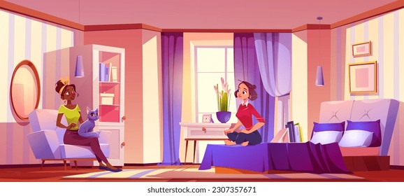 Friends sitting in bedroom and resting with cat. Modern home interior design with carpet, mirror and bed. Cozy purple furniture in hotel apartment. African american girl in armchair talking with woman