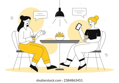 Friends sitting in cafe concept. Girls sitting in restaurant and catering at table. Students and colleagues rest inside. People with coffee cups chattting. Linear flat vector illustration