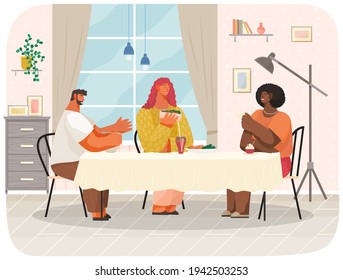 Friends are sitting in cafe or restaurant at table eating cakes and drinking coffee, communicating