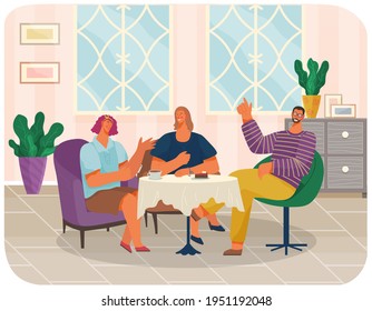 Friends are sitting in cafe or restaurant at table eating cakes and drinking coffee, communicating
