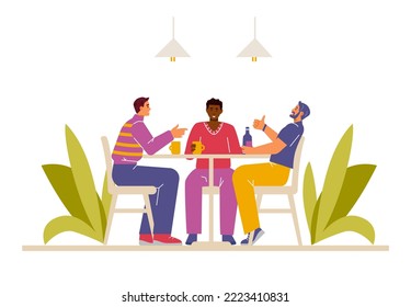 Friends sitting in a caffee talking. Men meeting vector illustration. 