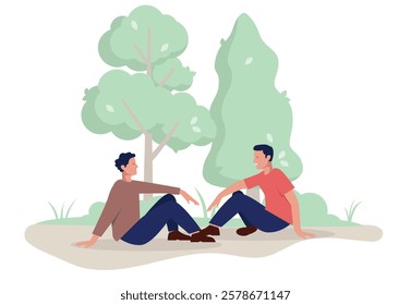 Friends sitting down outdoors in nature - Two people having conversation, talking and relaxing together in park or forest. Flat design vector illustration on white background