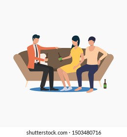 Friends sitting and drinking beer. Home, alcohol, party. Happy friends concept. Vector illustration for website, landing page, online store