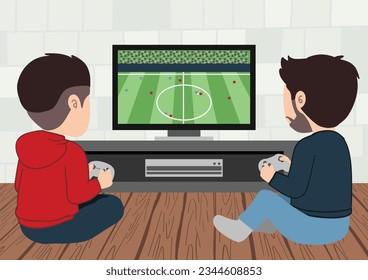 Friends Sitting Enjoy Playing Video Game at Home, Vector Illustration