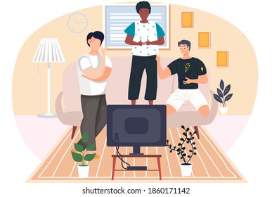 Friends are sitting at home and watching TV. Young people communicate and spend time together. Afro american girl standing on the sofa. Joint viewing of cinema in apartment. Guys discussing at home