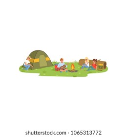 Friends sitting next the fire, enjoying camping, traveling and relaxing concept, summer vacations vector Illustration on a white background