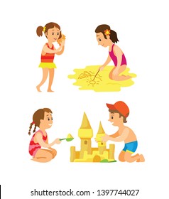 Friends sitting on beach and making castle, drawing on sand, girl putting seashell on hear. Set of summer activity, people isolated on white vector