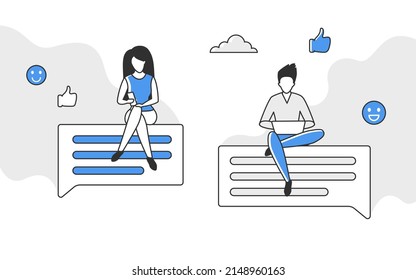 Friends sitting on chatting message bubble. Internet communication online network vector monocolor illustration