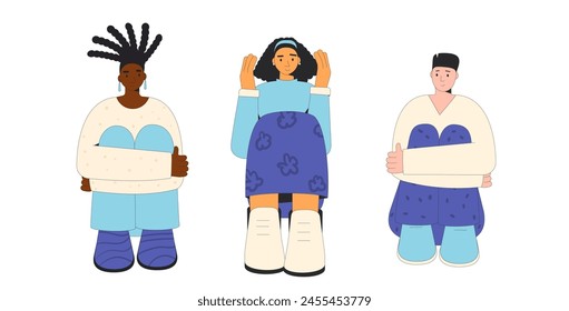 Friends sitting on the floor and talking isolated on white background. Teenagers characters set. Young people conversation. Vector flat outline illustration