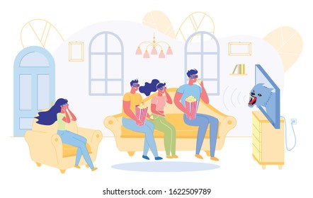 Friends Sitting on Sofa in 3D Glasses and Watching Horror Movie Together Flat Cartoon Vector Illustration. Scared Girls Closing Eyes. Young People Watching Film with Pop Corn in Living Room.