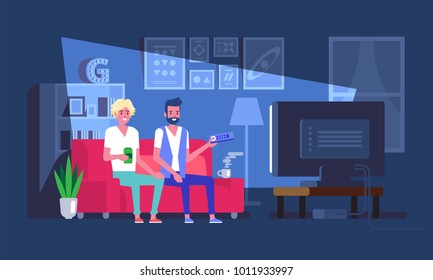Friends sitting on sofa and watching TV Friendship and entertainment Vector illustration in flat style.