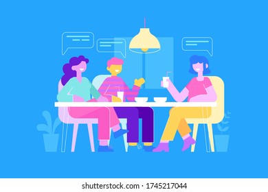 Friends sitting at table in the cafe and chatting. Friendly meeting and conversation concept. Flat style vector illustration