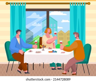 Friends sitting at table and eating in cafe vector illustration. People communicate and drink wine. Characters spend time together in food place. Friendly men and women relax in cafe or restaurant