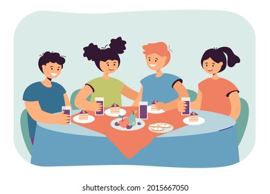 Friends sitting at table in restaurant and eating together. Children cartoon characters having dinner, enjoying their meal flat vector illustration. Food, breakfast, lunch concept