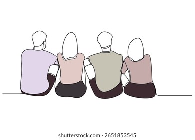 Amigos sentados juntos dibujo de arte de línea continua. Fondo de Vector de concepto de amistad minimalista