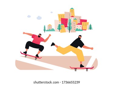 Friends skateboarding in the city.  Summer fun in the fresh air. Skateboarding. Vector flat illustrations of physical activity
