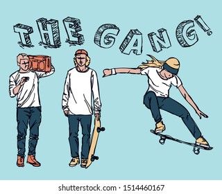 Friends skating, listen to music and having fun,  the happy gang