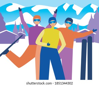 Friends at the ski resort. Flat vector stock illustration. Friends skiers in the mountains. Concept for ski resort, happy skiers, vacation, travel in the mountains. Illustration people in a ski resort