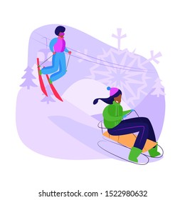 Friends sledging and skiing downhill. Mountain resort, funicular, winter activities. Vacation concept. Vector illustration for advertising design, landing pages, travel brochure