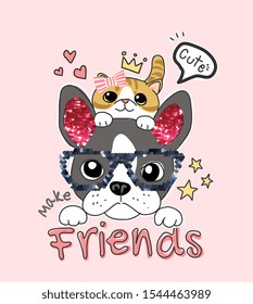 friends slogan with cartoon dog and cat with glitter sequins illustration