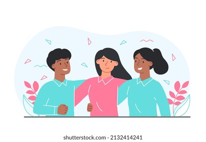 Friends smile and hug. Strong team, long awaited meeting, communication. Characters for invitation and greeting cards. Disco or party, care, respect and love. Cartoon flat vector illustration