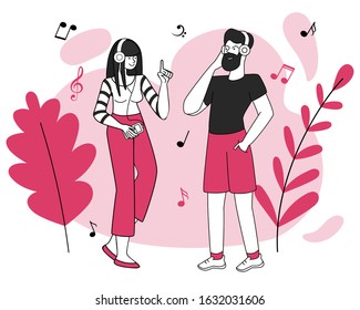Friends, smiling young couple vector illustration. Pleasure, music enjoyment, good mood. Boy and girl with earphones, man and woman listening to song isolated flat contour characters