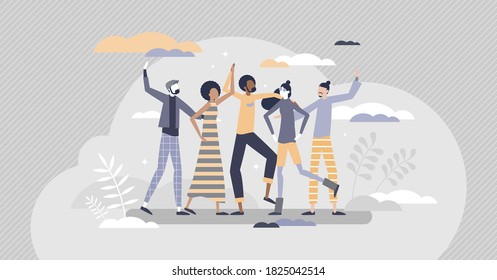 Friends as social community group with happy togetherness scene tiny person concept. Cheerful and happy multiracial and multicultural diversity crowd with friendship relationship vector illustration.