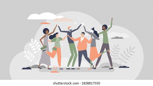 Friends as social community group together despite diversity tiny persons concept. Multiracial and multicultural crowd with close relationship vector illustration. Cheerful group friendship meeting.