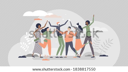 Friends as social community group together despite diversity tiny persons concept. Multiracial and multicultural crowd with close relationship vector illustration. Cheerful group friendship meeting.