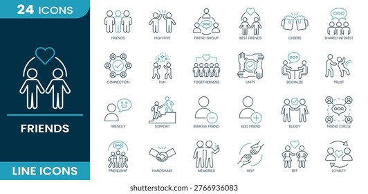 Friends and social interaction icon set. Friendship, best friends, friend group, connection, togetherness, unity, support, trust, socializing, communication, chat, handshake, loyalty, buddy, help, memories. Line vector icons collection.