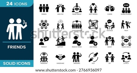 Friends and social interaction icon set. Friendship, best friends, friend group, connection, togetherness, unity, support, trust, socializing, communication, chat, handshake, loyalty, buddy, help, memories. Solid vector icons collection.