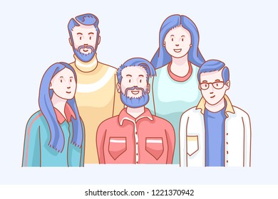 Friends. Soft front doodle, relationship sketch of behaviors. Smiling shot, looking and feeling like a group of gathering men. Concept with characters soft tone mono clip art hand drawn vector design.