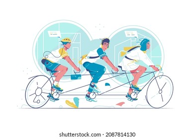 Friends Spend Fun And Active Time On Tandem Bike Vector Illustration. Ride Bicycle On City Streets Flat Style. Sport Activity, Joy Concept