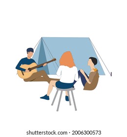 Friends spend time near campfire with guitar. Guys sitting at camp, listen to guitar and enjoy friendly and cozy environment. Vector illustration