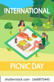 Friends spend time outdoor on picnic. Summer camping. Idea of tourism and travel, watermelon season. Vector illustration in cartoon style