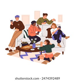 Friends spend time together, eating food, pizza at home party. Group of teenagers sits on sofa, plays card in living room. Young people talk, have fun. Flat isolated vector illustration on white