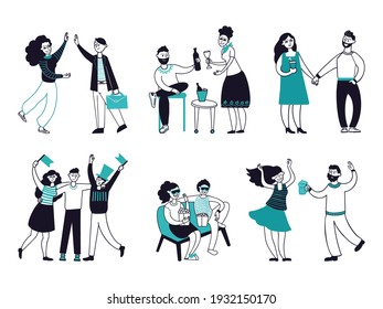 Friends spend time together. Happy friend, people group talking and drink. Event person, isolated laughing young guys on party decent vector set