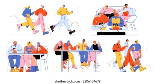 Friends spend time together, happy people communicate, meeting, reading, walking. Young men and women playing video games at home, chatting in cafe, fun hobby, sparetime, Line art flat vector set