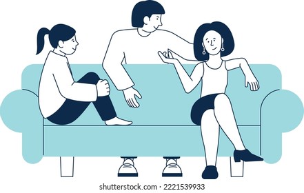 Friends spend time together. Happy people sit on coach