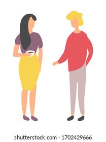 Friends spend time together isolated cartoon people. Vector woman with cup of coffee and blond man in red sweater discussing something, flat design