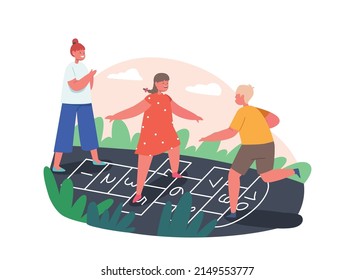 Friends Spend Time Together on Playground. Children Boys and Girls Characters Play Hopscotch Game at House Yard. Happy Kids Summer Vacation Activity. Cartoon People Vector Illustration