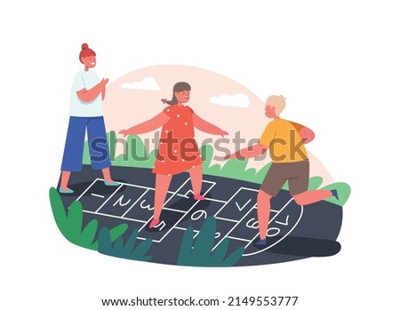 Friends Spend Time Together on Playground. Children Boys and Girls Characters Play Hopscotch Game at House Yard. Happy Kids Summer Vacation Activity. Cartoon People Vector Illustration