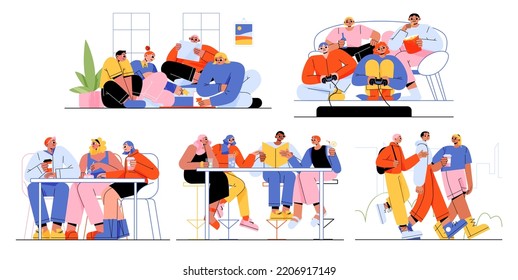 Friends spend time together, play games, eat and walk. Young people group sitting in bar with drinks, at table in cafe, playing video and board games, vector flat illustration