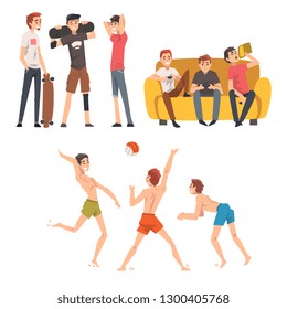 Friends Spending Good Time Together Set, Guys Talking, Playing Ball and Computer Games, Male Friendship Vector Illustration