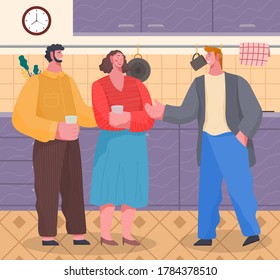 Friends spending leisure time together at home reception. People stand and drink in kitchen. Men and woman have conversation. Cozy room interior with furniture. Vector illustration in flat style