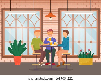 Friends spending time together in bar. Meeting of men with alcohol drinks like beer or ale. People sitting in pub and talking. Interior of cafe with houseplants and window. Vector illustration in flat