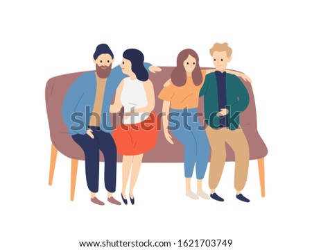 Friends spending time together flat vector illustration. Boyfriends and girlfriends hugging cartoon characters. Girls and guys sitting on sofa, couples pastime isolated on white background.