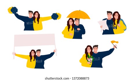 Friends spending time together. Friendship concept. People having a fun. Vector illustration in flat cartoon style. Sport Fan Uniform.