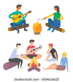 Friends spending time together near bonfire vector, students sit around campfire playing guitar and singing songs, guy having date with girl by fire