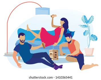 Friends Spending Time Together Play Jenga Cartoon. Young Woman Lying on Sofa with Building Block. Two Bearded Men Sitting on Floor Deciding where to Put Puzzle Piece. Vector Flat Illustration